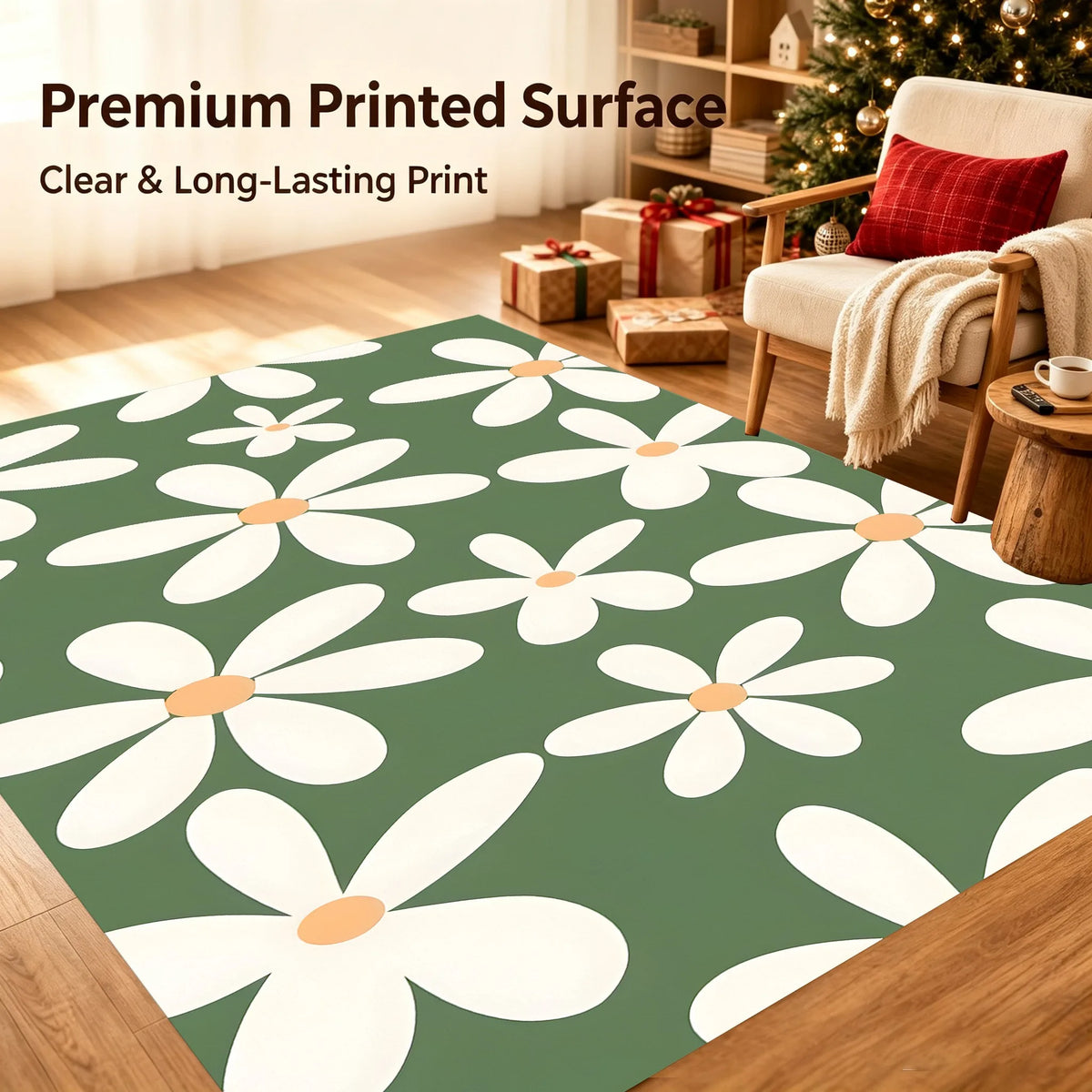 Green Daisy Print Rug Soft Velvet Area Carpet Living Room Bedroom Home Decor Carpet Mat