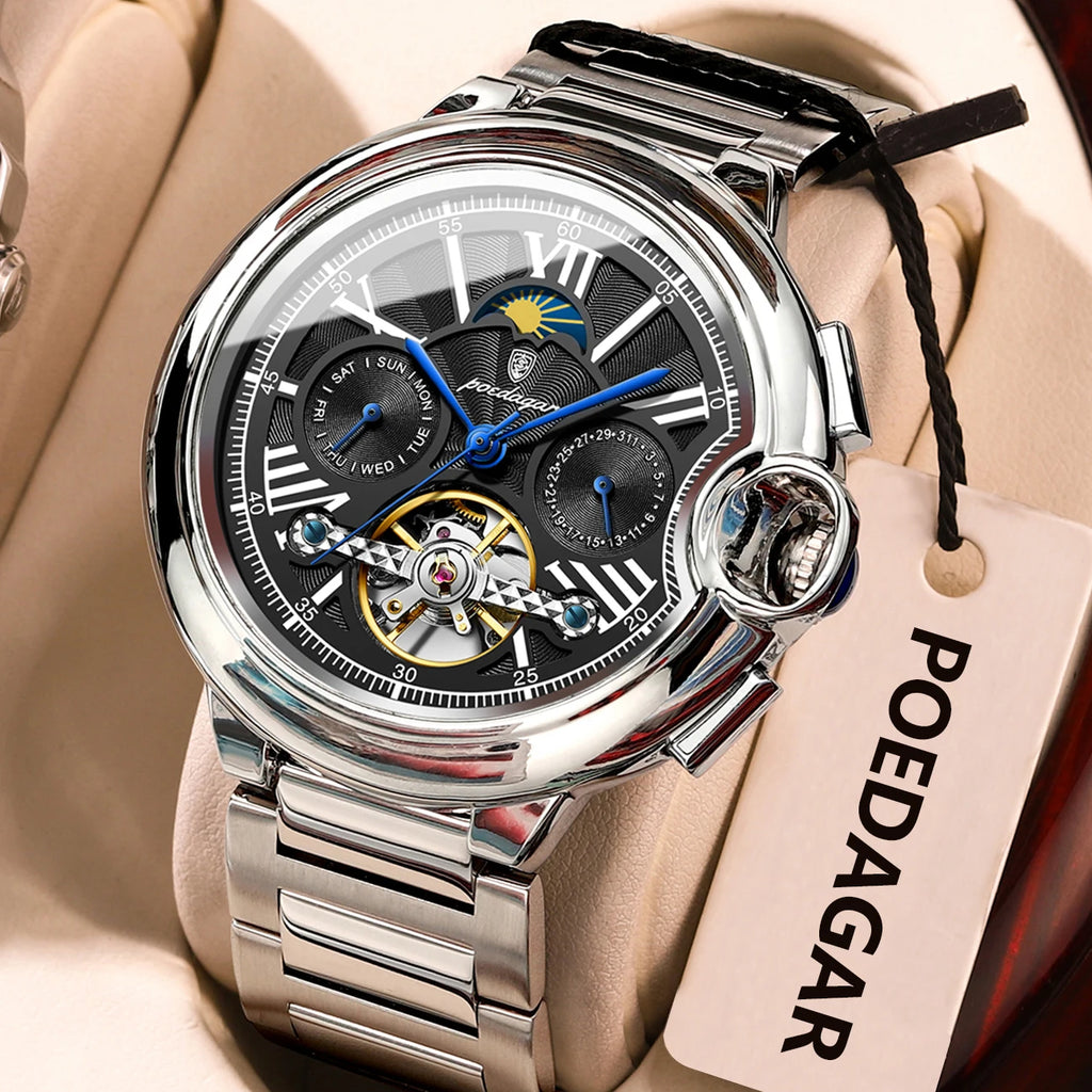 POEDAGAR Luxury Business Male Watch Date Week Stainless Steel Tourbillon Men Clock Waterproof Automatic Mechanical Men's Watches