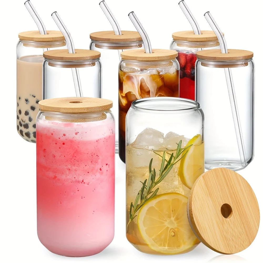 1/2/4/6pcs Can-Shaped Glass Cup with Lid & Straw 350ml/550ml Transparent Bubble Tea, Juice & Beer Mug for Cold Beverages Party