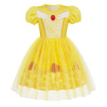 Girls Short Sleeve Fairy Tale Tulle Princess Dress With Printed Pattern Kids Birthday Party Belle Aurora Cosplay Costume 3-10Yrs