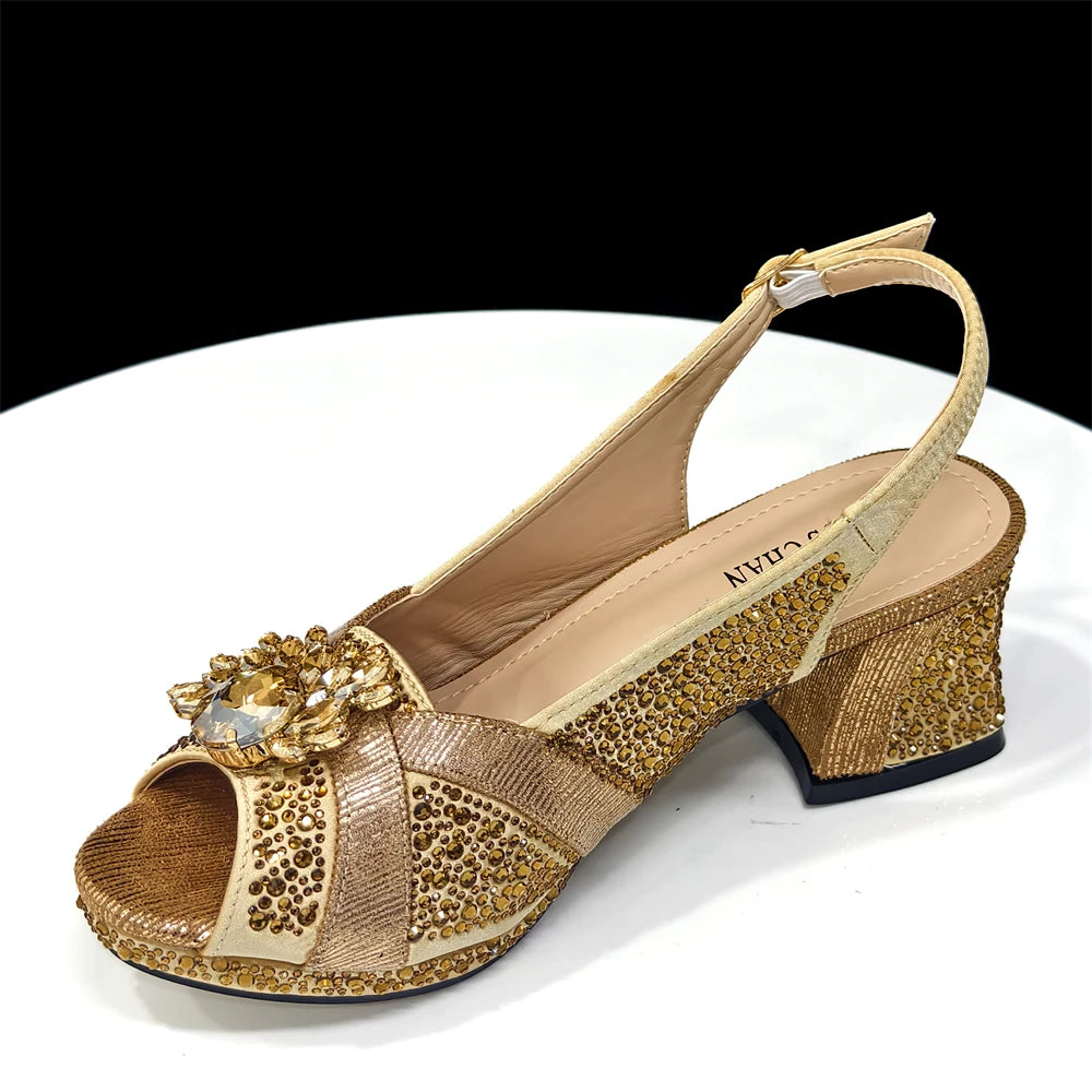 Venus Chan Elegant 2025 Gold Peep-Toe Heels with Diamond Accents - Italian Matching Pumps and Bag Set for Parties
