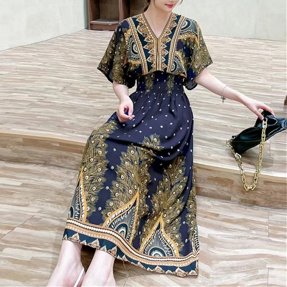 2025 Summer New Casual Elegant Retro Bohemian Style V-neck Elastic Waist Large Swing Printed Long Skirt Autumn Summer Dress