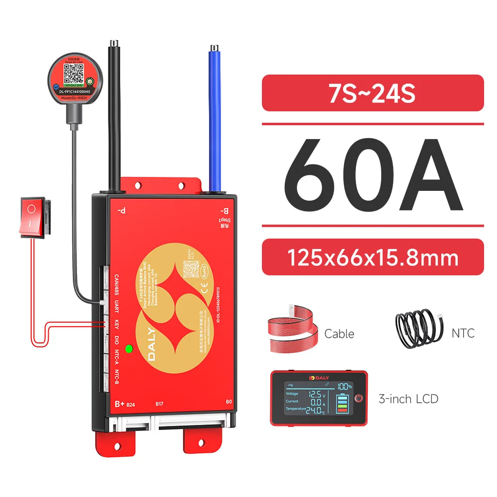 DALY Smart BMS 4S 8S 16S 40A 60A 100A 150A 200A 12V 24V 48V LiFePo4 1A Active Balance BMS with LCD RS485 UART WIFI KEY