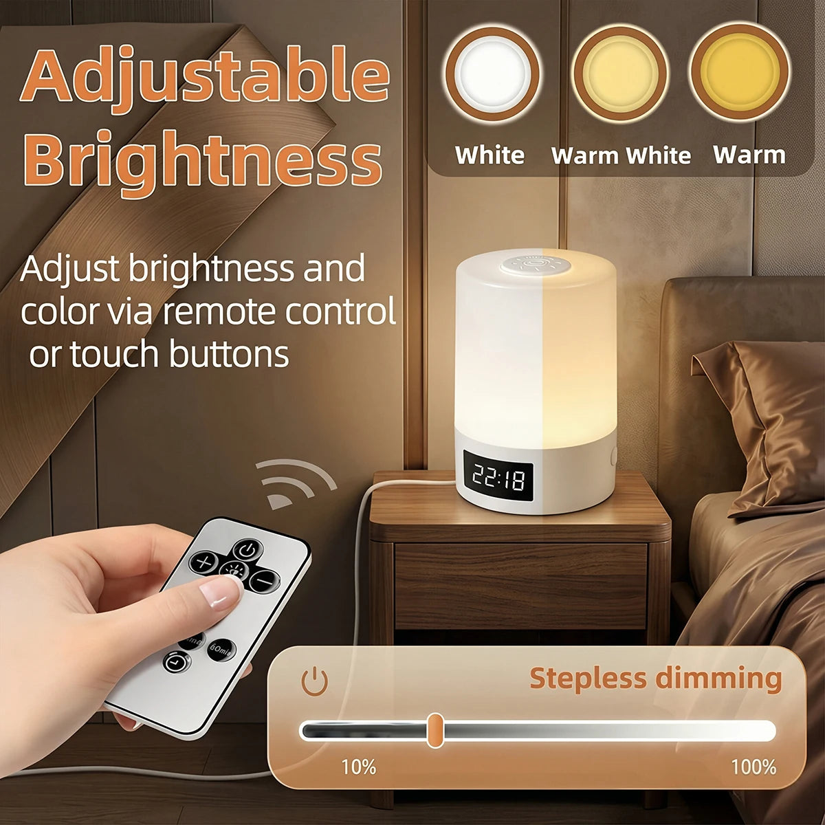 Touch Control LED Night Light with Clock Timer Remote Control USB Bedside Lamp Dimmable 3 Color Temperature Bedroom Sleep Lamp