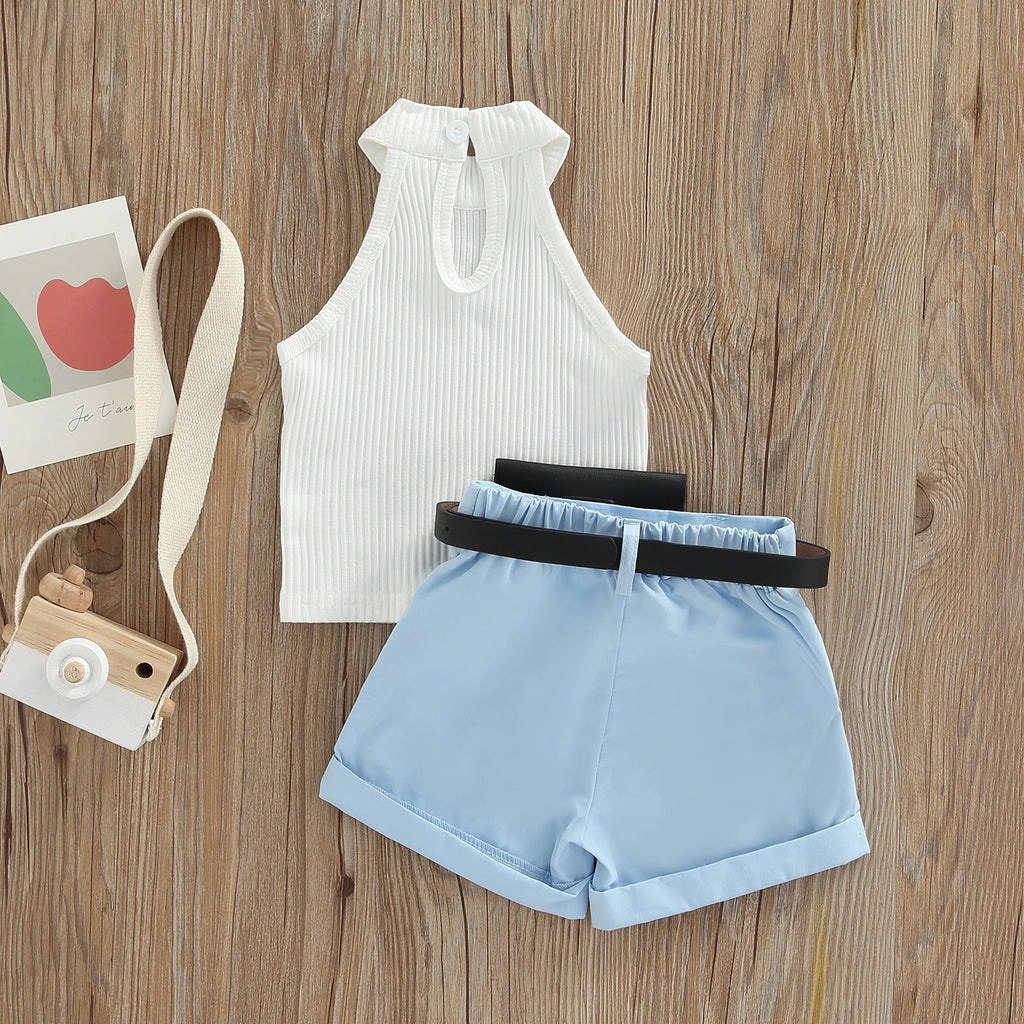 Little Girl Three-Piece Outfits Solid Color Sleeveless Ribbed Stand-Up Collar Tops + Belted Short Pants + Small Waist Pack 6M-4T