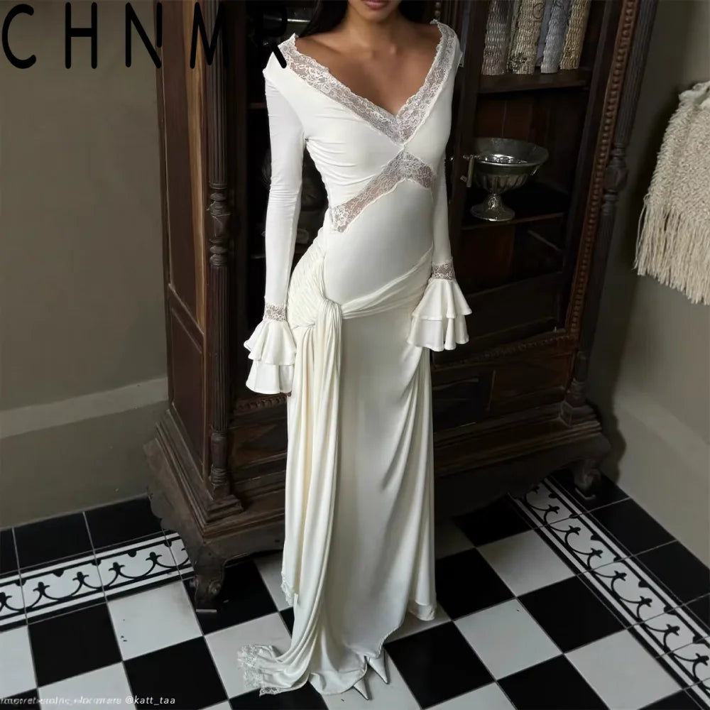 Women Elegant Long Sleeve Deep V-Neck Maxi Dress White Slim Fit Ruched Lace Patchwork High Waist Party Wedding Sexy Evening Gown