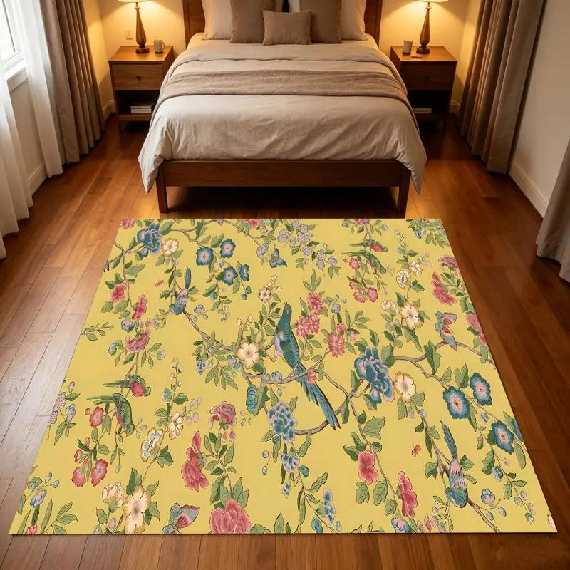 Yellow Floral Bird Area Rug – Six Sizes