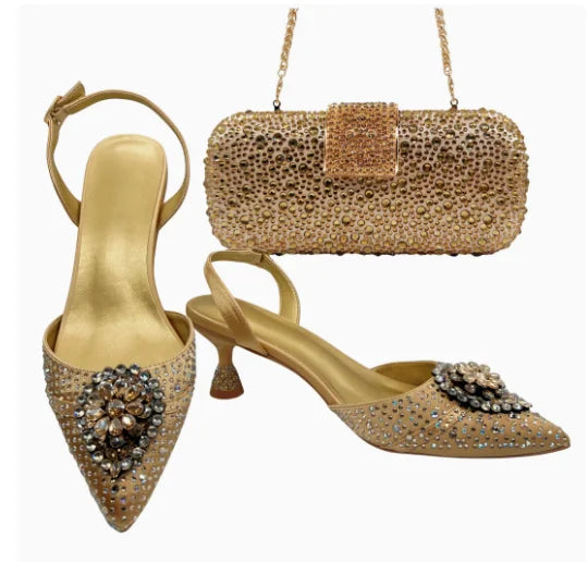 INSIGHTLINK Wine Color Rhinestone high heel shoes And Bag Fashion Style Pointed-Toe Shoes For Women Luxury Wedding Party Sandals