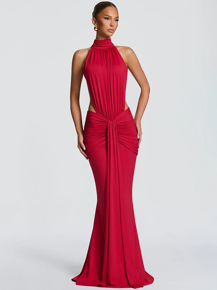 Mozision Turtleneck Backless Sexy Maxi Dress Women Gown Elegant Off-shoulder Sleeveless Ruched Bodycon Club Party Long Dress
