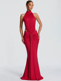 Mozision Turtleneck Backless Sexy Maxi Dress Women Gown Elegant Off-shoulder Sleeveless Ruched Bodycon Club Party Long Dress