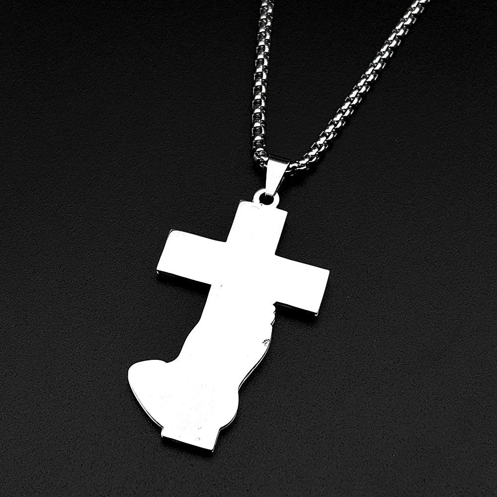 Jesus Cross Praying Hand Imitation Abalone Shell Stainless Steel Pendant Necklaces for Women Men Gold Color Christian Jewelry