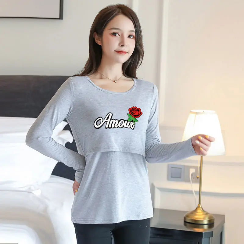 2025 Autumn Long Sleeve O-neck Postpartum Women Nursing T-shirt Maternity Breastfeeding Top Pregnancy Lactation Tees 7 Colors