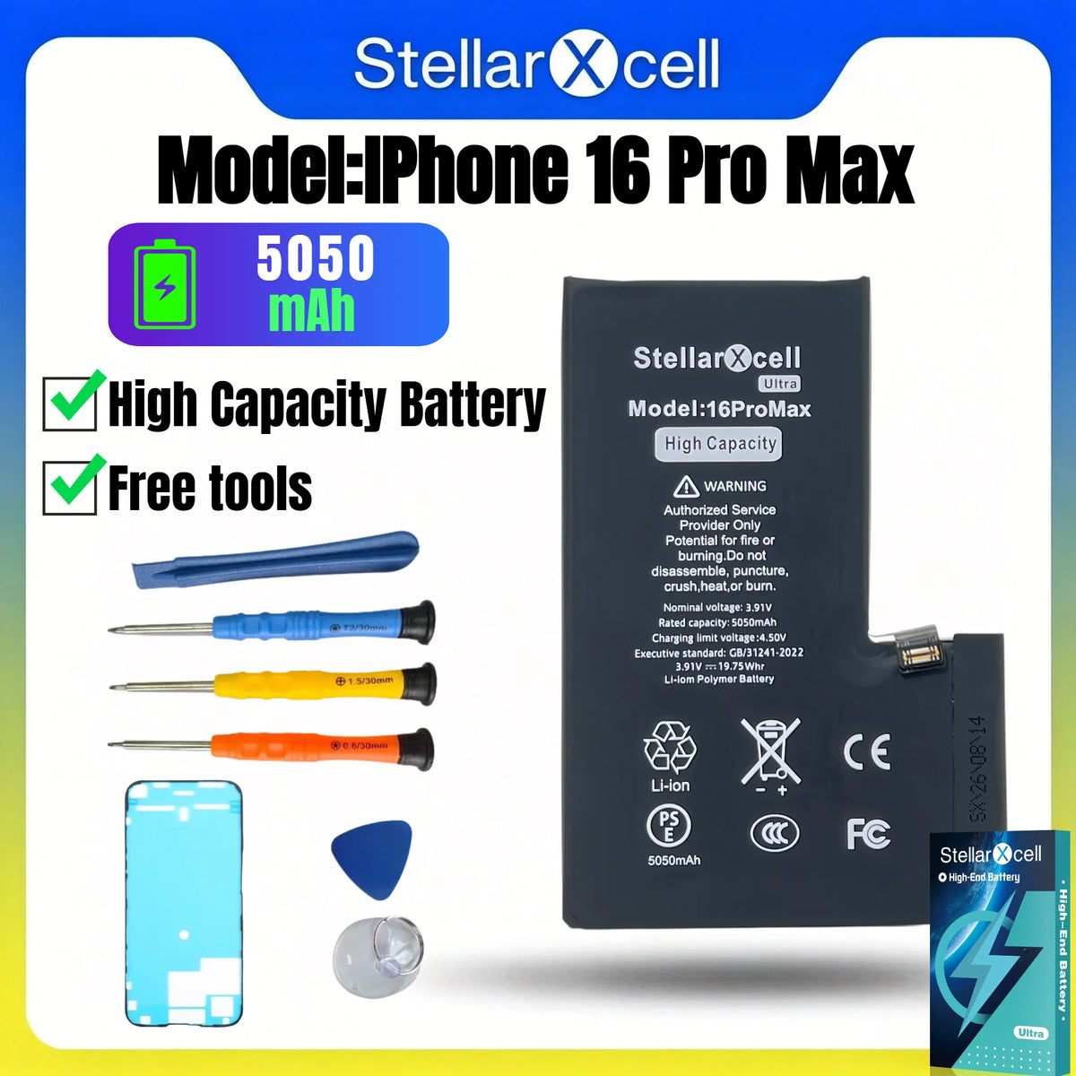 StellarXcell Ultra Original Battery High Capacity Cell for iPhone 7037 TI for 11 12 13 14 15 Pro Plus promax mini with Free Tool