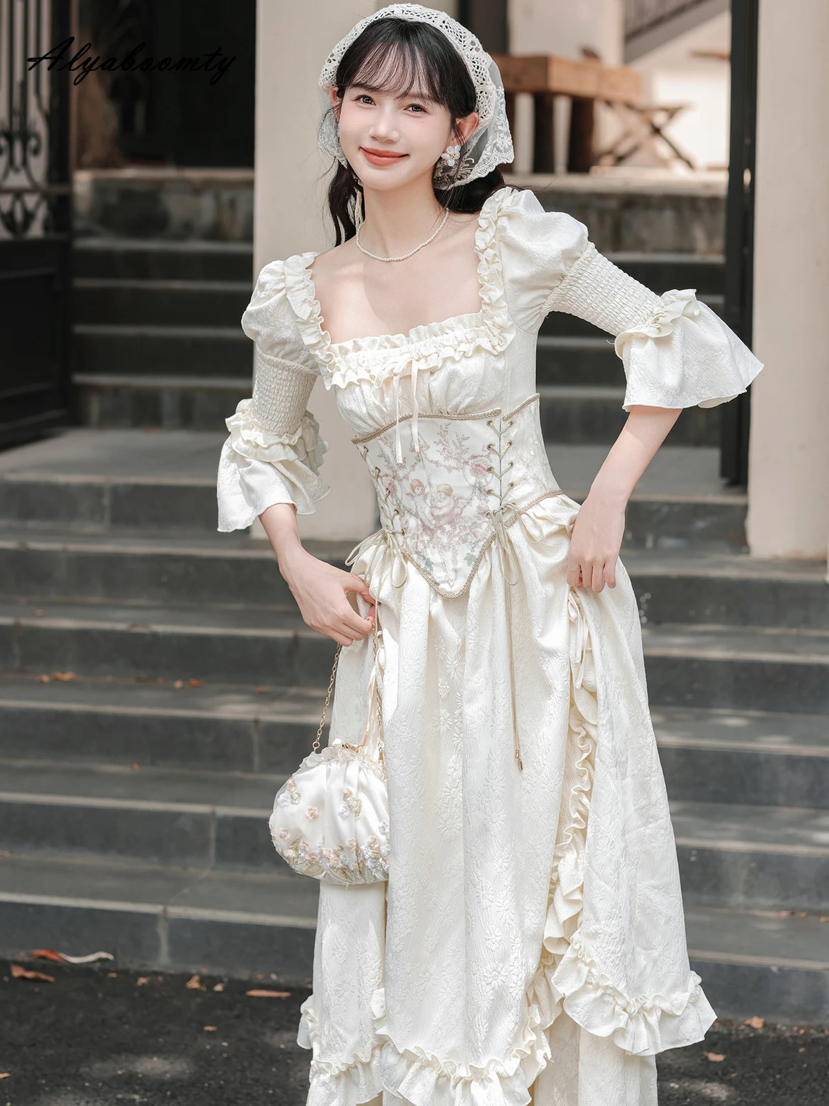 Fairycore Women Princess Party Midi Dress Square Collar Bow Fairy Ruffles Classical Dress Half Sleeve Gorgeous Feminine Dresses