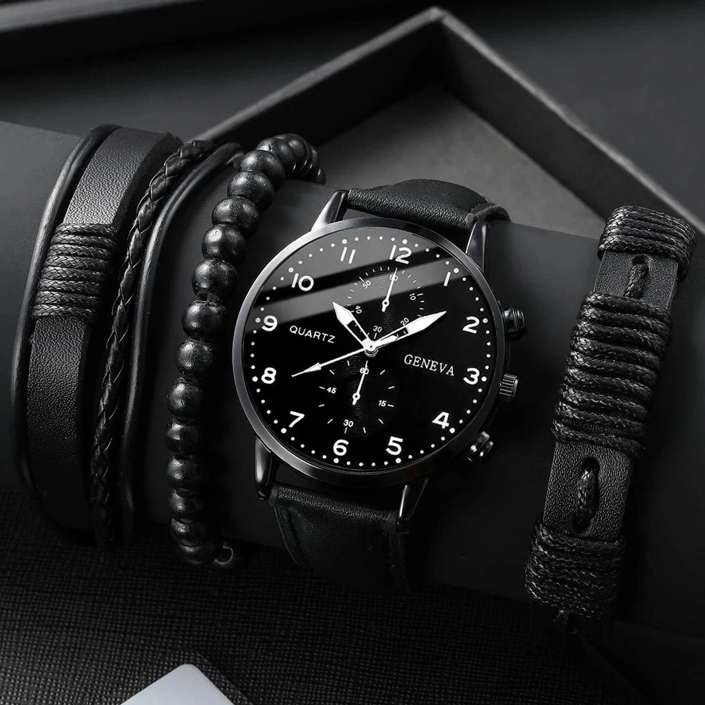 5PCS/Set Men's Business Watches Fashion Arabic Dial Leather Band Quartz Watch Bracelets Set（Without Box）