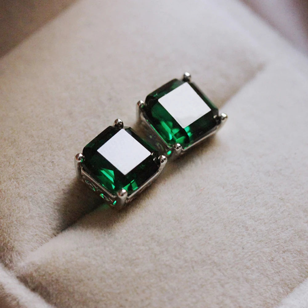 Huitan Eternity Green CZ Stud Earrings for Women Gold Color Luxury Bride Wedding Earrings Elegant Ear Accessories Party Jewelry