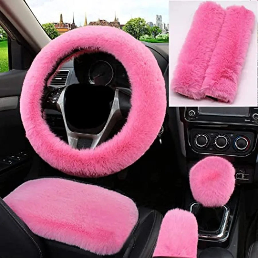 1 Set 6 Pcs Fluffy Car Steering Wheel Cover and Seat Belt Shoulder Pads and Handbrake Cover and Gear Shift Cover Set and Seat B