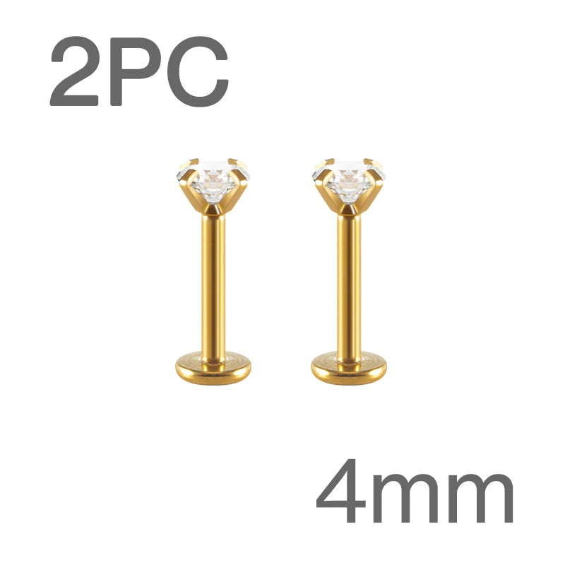 Surgical Steel CZ Flat Back Labret Stud 16G 6mm 8mm Internally Threaded for Cartilage Helix Tragus Lip Hypoallergenic Piercing
