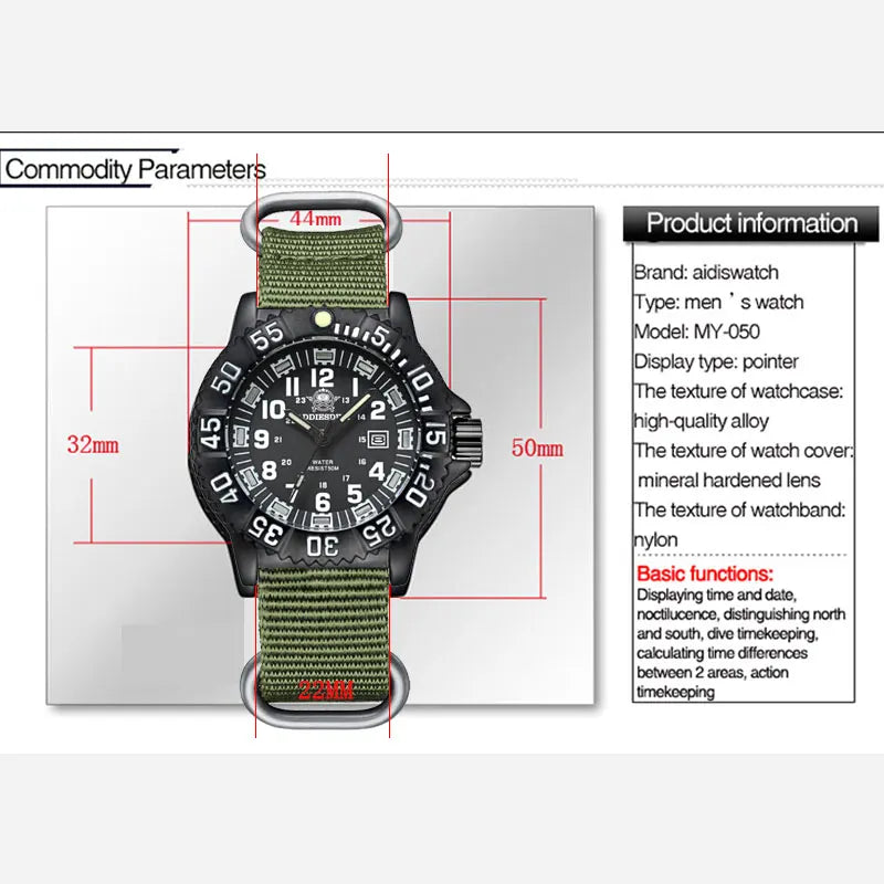 ADDIESDIVE Fashion Men's Analog Watch 50m Waterproof Luminous Tube Nylon Sports Men Military Wristwatches Quartz Watch for Men