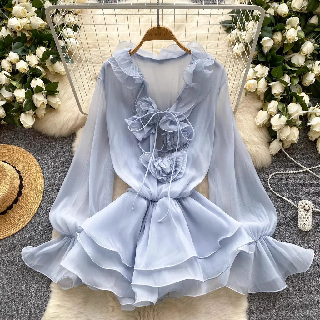 V-neck Long Flare Sleeve Vestidos Ruffles 3d Flower Dress Spring Tunic Dresses Temperament Ropa De Mujer Gentle Vestido
