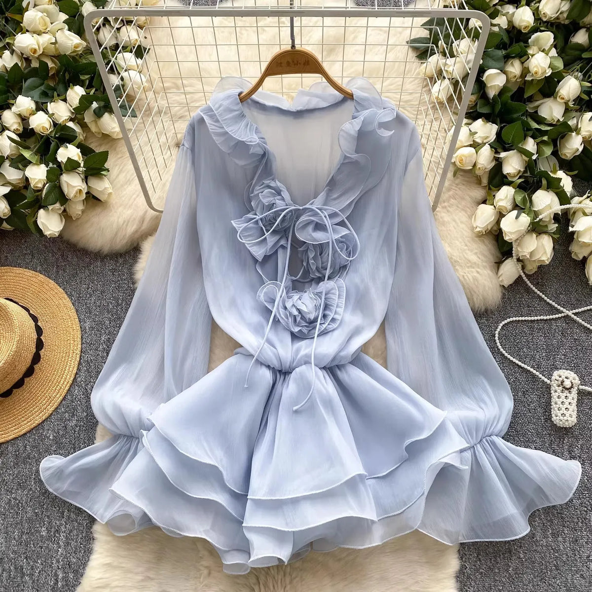 V-neck Long Flare Sleeve Vestidos Ruffles 3d Flower Dress Spring Tunic Dresses Temperament Ropa De Mujer Gentle Vestido