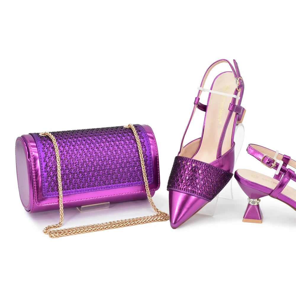 New Arrival Women Italian Shoes and Matching Bags Sets Decorated with Rhinestone Fashion Party Shoes and Bag Match for Women