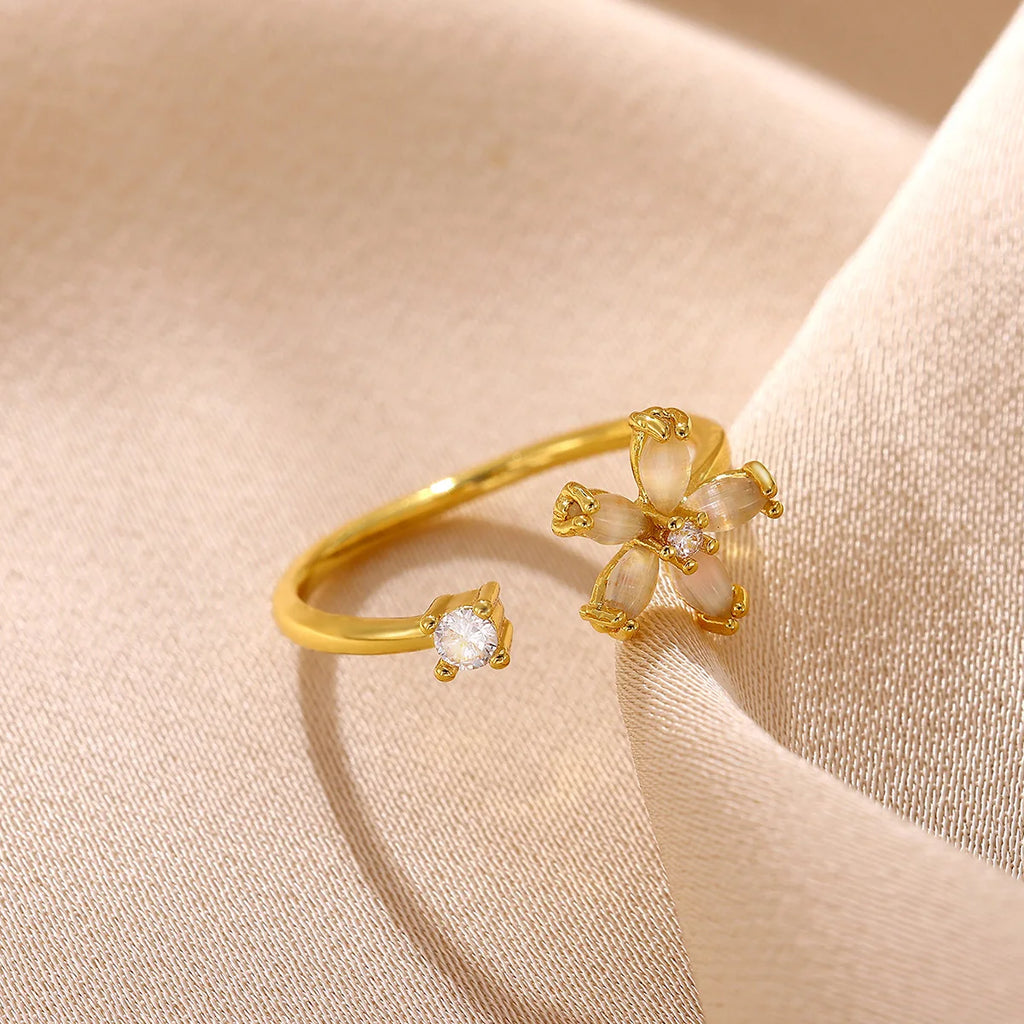 Opal Flower Rings For Women Cubic Zirconia Openning Stainless Steel Flower Ring Wedding Floral Aesthetic Jewelry anillos mujer