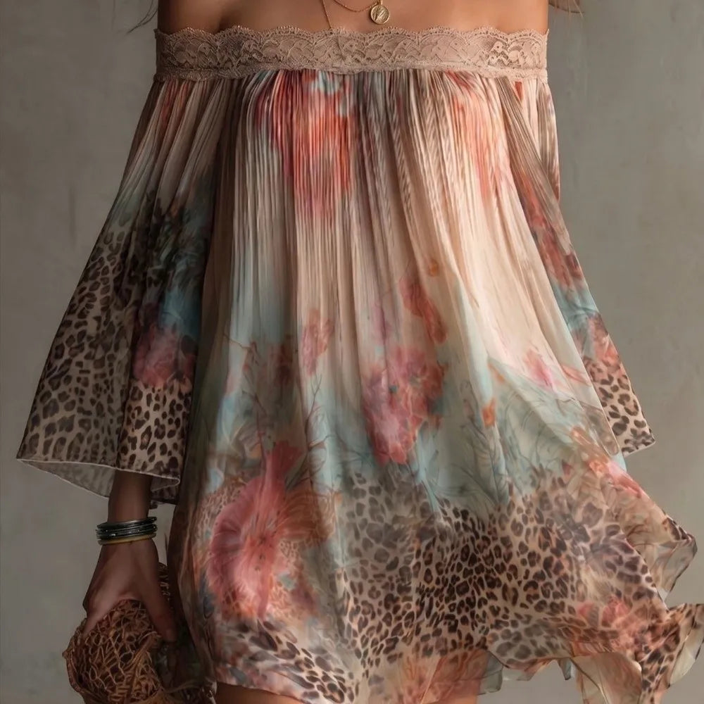 Retro Floral Print Off-Shoulder Dress Loose Lace Trim Summer Skirt Bohemian Leopard A-Line Fold Dress Casual Vacation