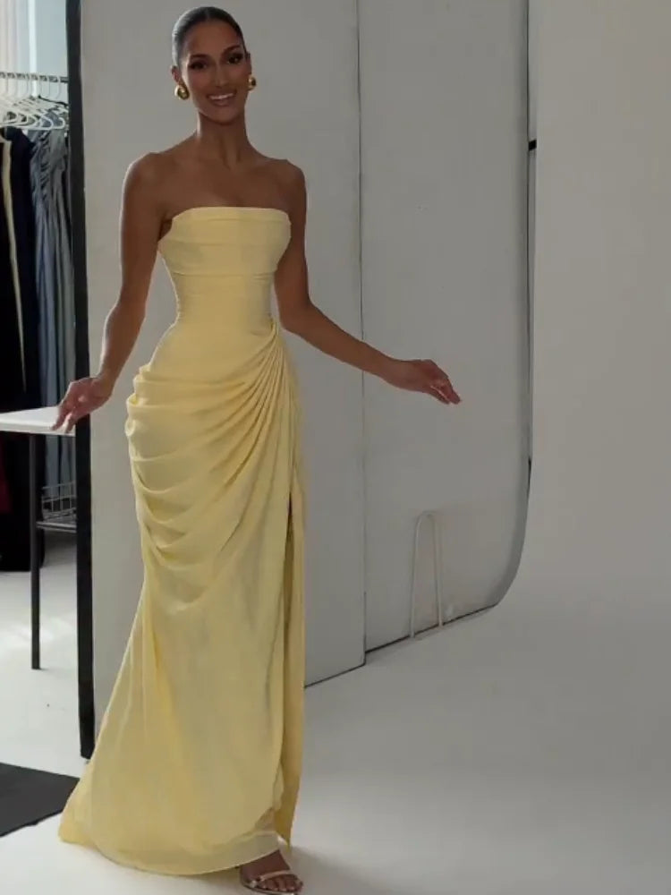 Women Sexy Solid Pleated Strapless Dress Lady Chic Off-shoulder Backless High Waist Split Dresses 2026 Summer Evening Party Gown