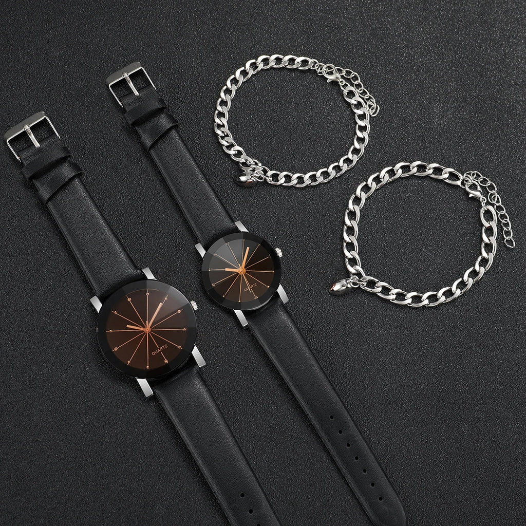 4PCS/Set Couple's Watches Fashion Rhinestone Men Women Leather Band Quartz Watch Magnet Heart Bracelets Set