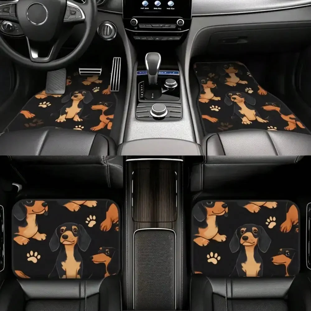 4pcs Dachshund Car Floor Mats - Fun Puppy with Paw Print Design, Non-Slip All-Weather Polyester, Suitable for Cars, Trucks, SUVs