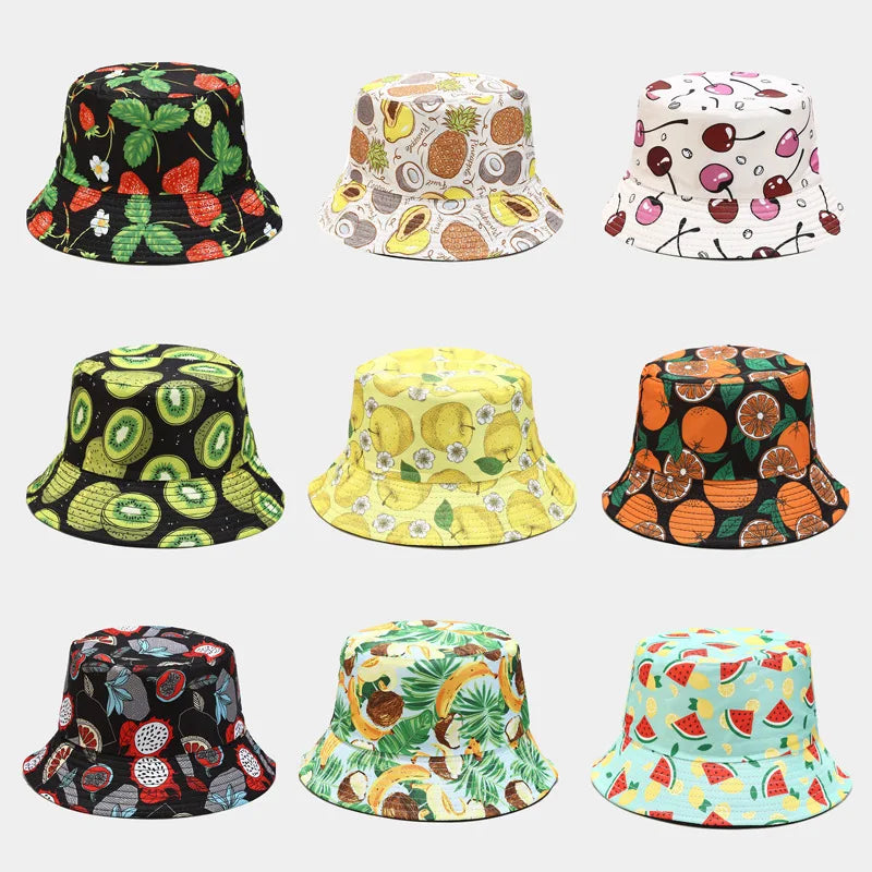 New Creative Fruit Pattern Fisherman's Hat Unisexdouble Sided Bucket Cap Uv Protection Panama Sun Caps for Girls Beach Hats
