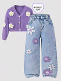 Girls' Floral-Printed Towel-Stitch Denim Jeans Trendy Loose Waist Design Versatile Casual Pants for Kids.Full elastic waistband