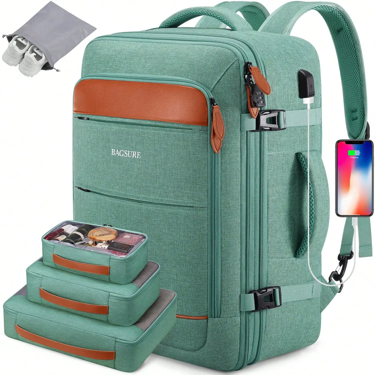 5PCS Travel Backpack Carry On Backpack 42L Flight Approved, Expandable Laptop Backpack With Packing Cubes & Shoe Pocket