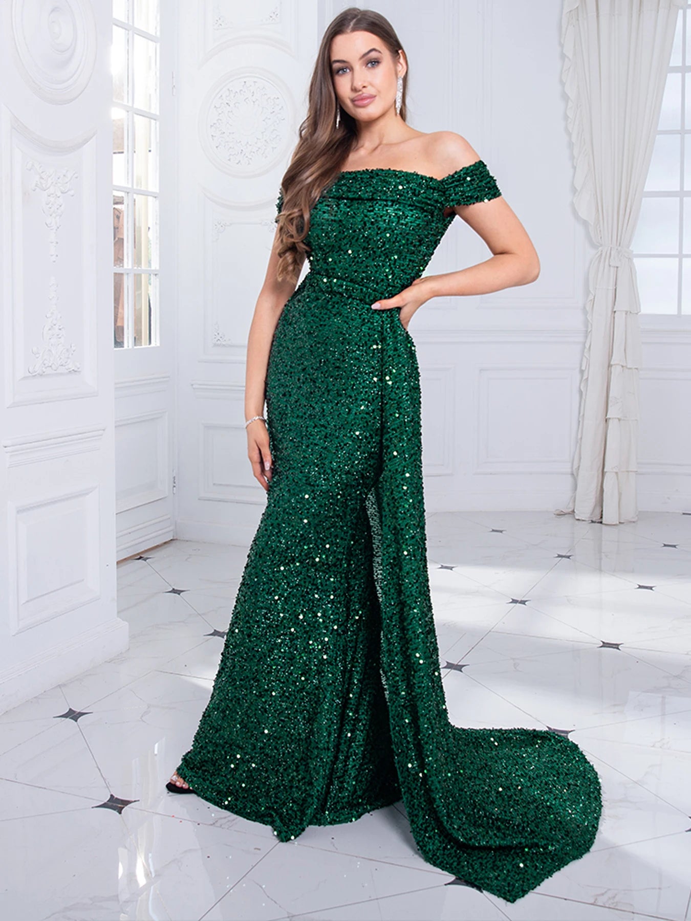 Romagic Navy Blue Slash Neck Off Shoulder Prom Gown Sequin Detachable Train Mermaid Evening Party Dresses Cocktail Dress 2025