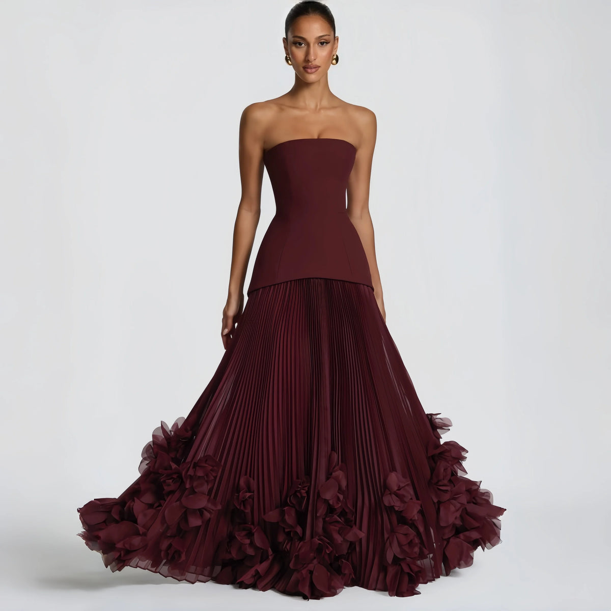 Danni Custom Burgundy Strapless Evening Dress Corset Pleated Prom Dresses Chiffon Vestidos De Noche Formal Evening