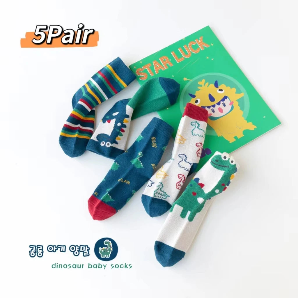 Children's Socks 5 Pairs Of Autumn And Winter New Mid-Calf Dinosaur Spring And Autumn Boys And Girls Baby Middle And Large Child