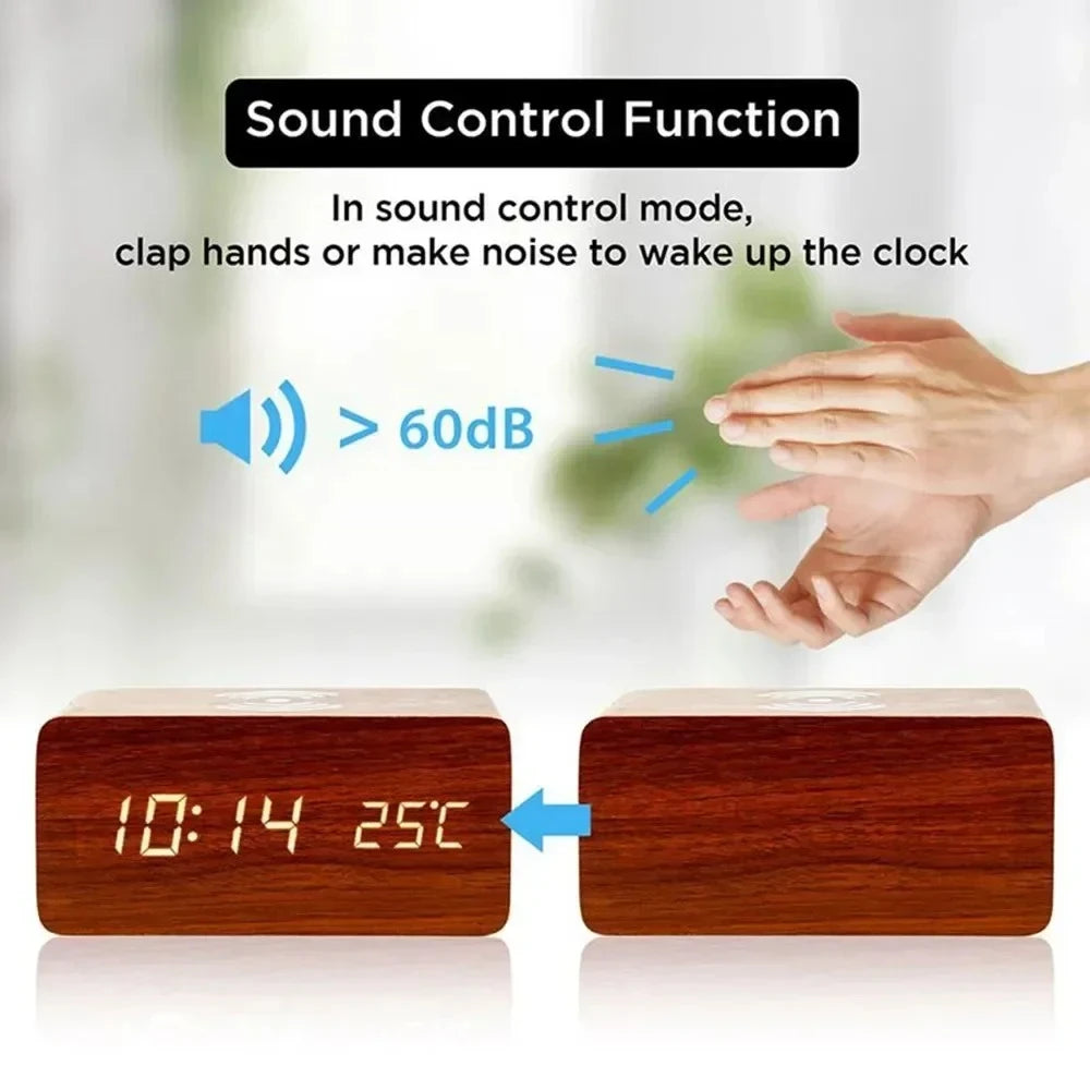 Wooden Digital LED Alarm Clock with Wireless Charging Time Date Temperature Display Desk Bedside Clock for Office