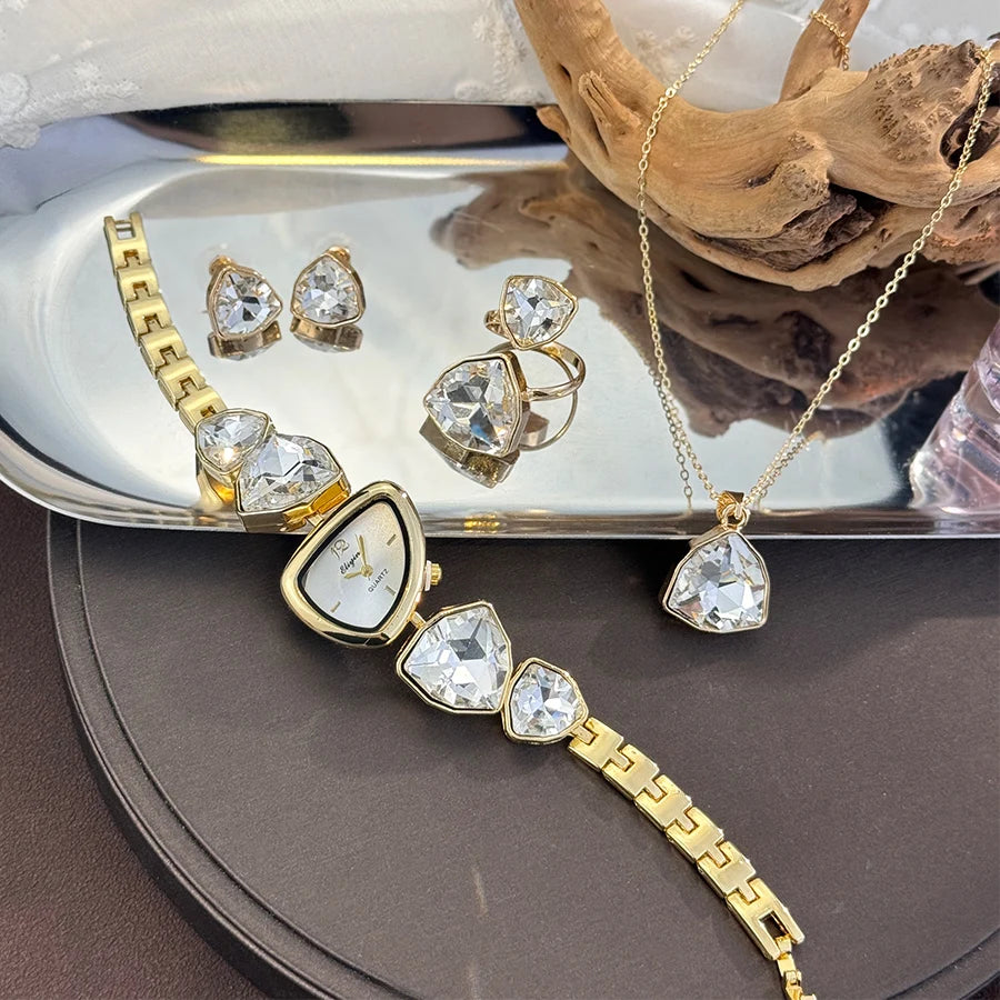 Luxury Ladies Quartz Watch  Colorful Diamond Irregular Shape Necklace Ring Earrings Jewelry Set Four-Piece Gift Set Trendsetter