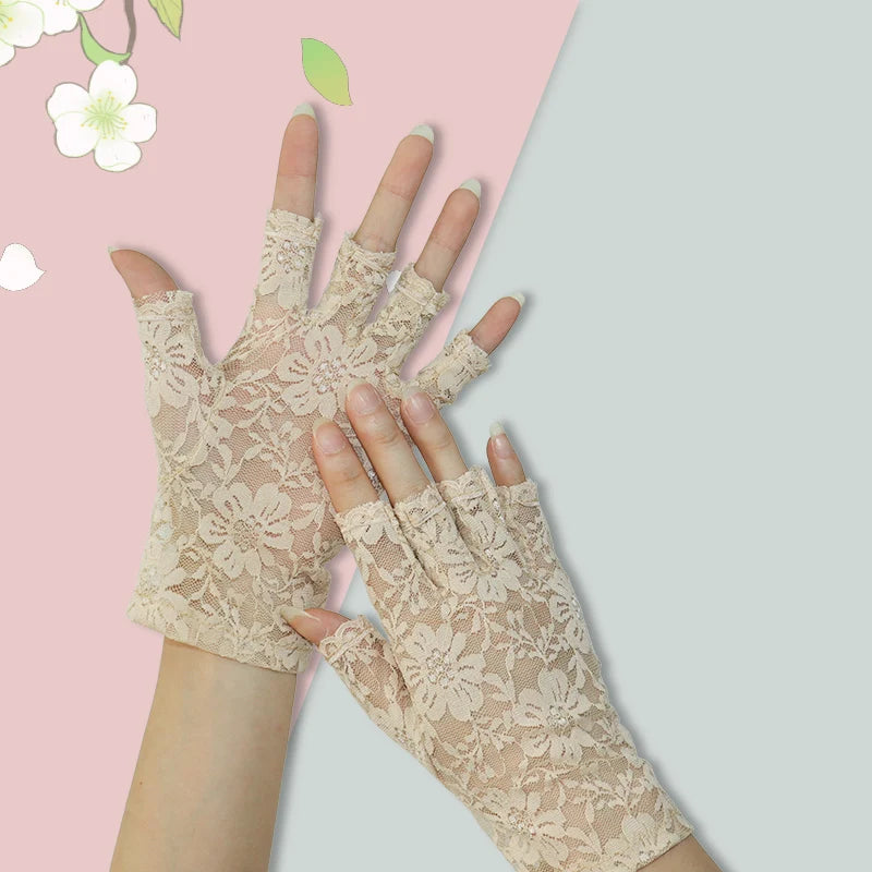 Spring/Summer Women's Thin Lace Flower Gloves Breathable Half Finger Exposed Finger Driving Touchscreen Scar Covering Bridal Glo