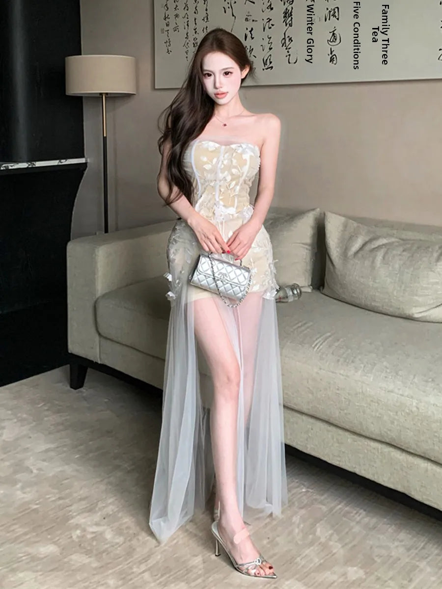 Elegant Hollow out Sleeveless Birthday Party Dress High Waist Split Tube Top Dress for Young Women in Spring Summer Autumn