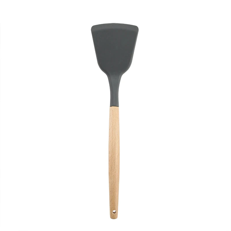 High Temperature Resistant Silicone Kitchenware Set Wooden Handle Shovel Leaky Spoon Tool Cooking Utensil Baking Accessories