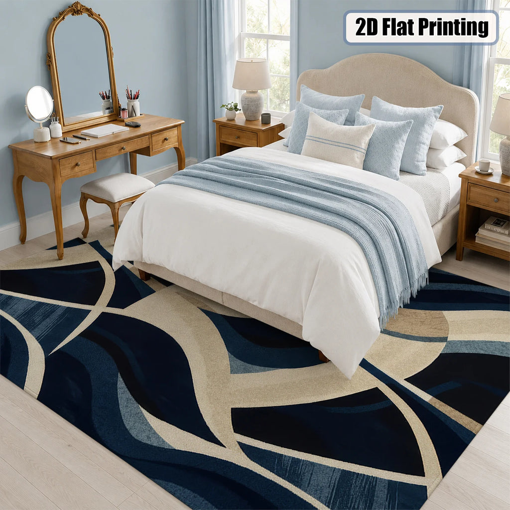 Large Indoor Area Rug, Soft Velvet Low Pile, Non-slip Dotted Backing, Machine Washable, Abstract Wavy Navy & Beige Pattern for Living Room and Bedroom