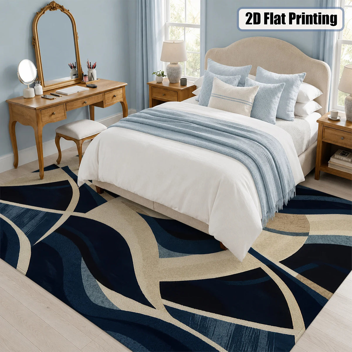 Large Indoor Area Rug, Soft Velvet Low Pile, Non-slip Dotted Backing, Machine Washable, Abstract Wavy Navy & Beige Pattern for Living Room and Bedroom