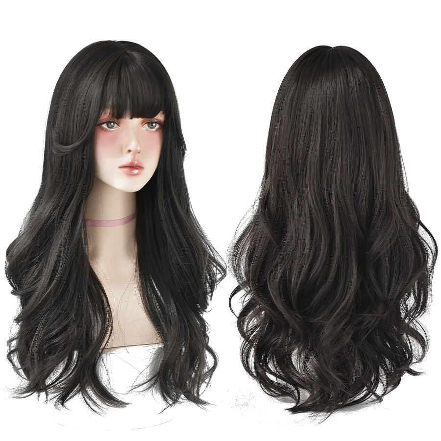 7JHH WIGS Long Wavy Curly Black Blonde Wig for Women Natural Highlight Synthetic Blend Wigs with Bangs Heat Resistant Hair Wig