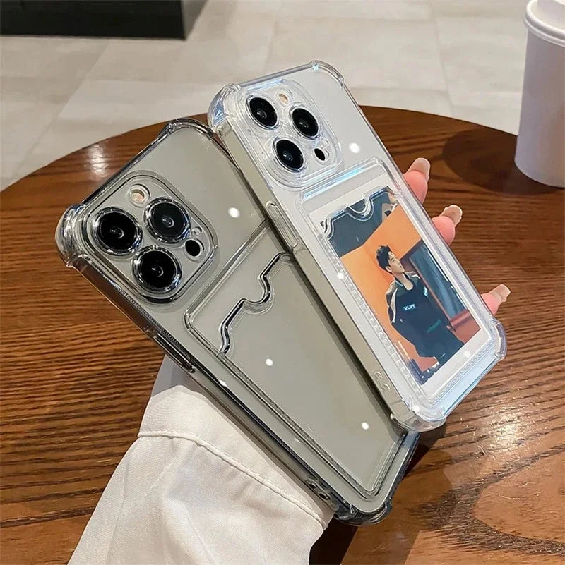Transparent Card Bag Holder Phone Case For iPhone 11 12 13 14 15 16 17 18 Pro Max Plus AIr Wallet Shockproof Cover