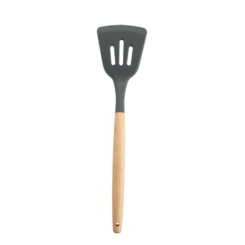 High Temperature Resistant Silicone Kitchenware Set Wooden Handle Shovel Leaky Spoon Tool Cooking Utensil Baking Accessories