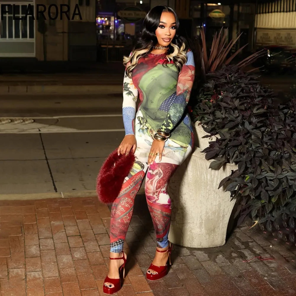 FLARORA Vintage Colorful Print Jumpsuits Woman Round Neck Full Sleeve Skinny Peach Hip Jumpsuit Midnight Street Stretch Overalls