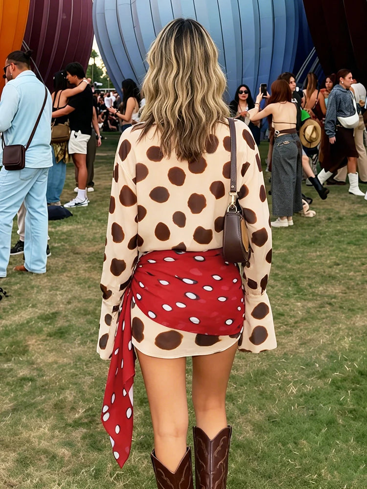Nibber Music Festival Silk Scarf Strap Patchwork Dress Women Sexy Single-Breasted Full Sleeve Polka Dot Print Hottie Bodycon