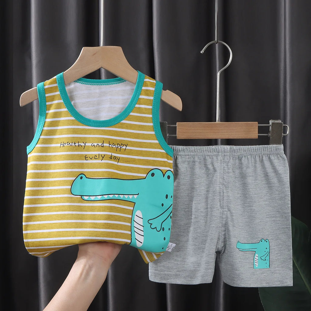2PCS Children Clothing Vest Suit Children's Sets Summer Cotton T-Shirts Shorts Boys Girls Sleeveless Kids Clothes for Baby